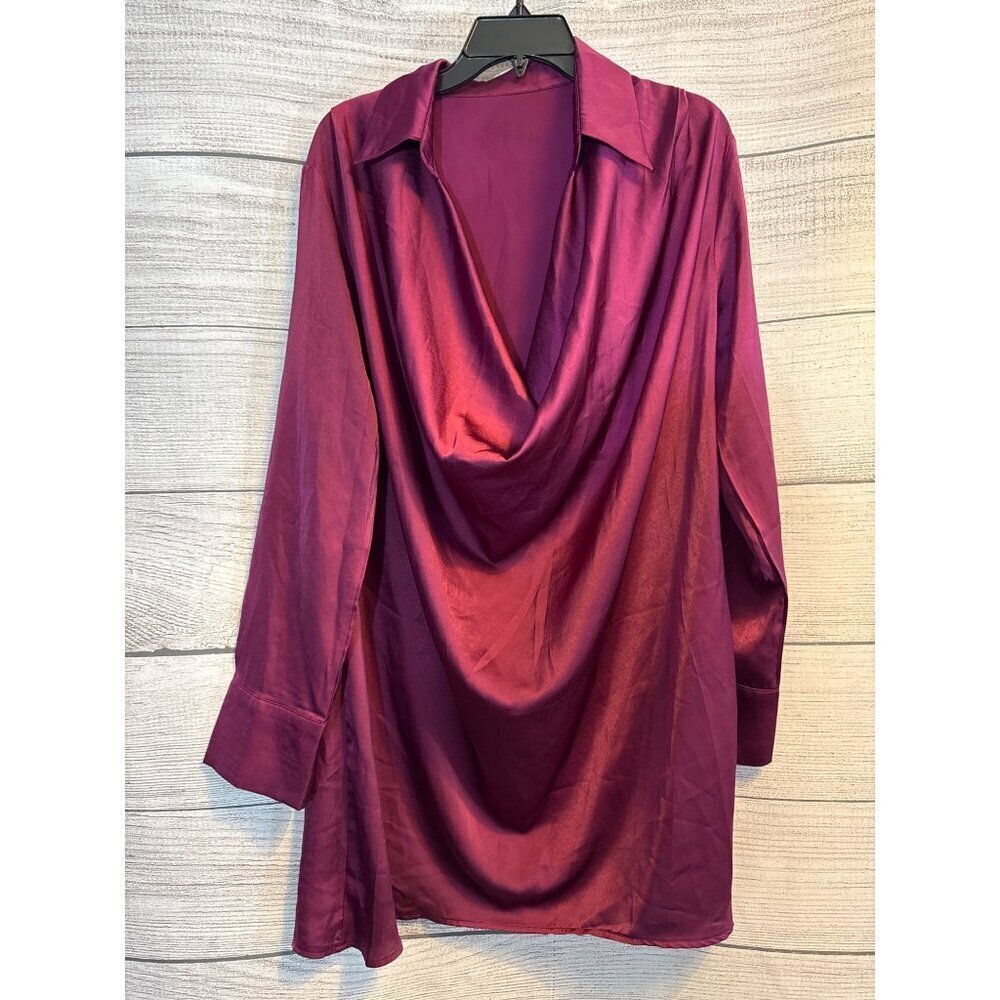 Lyaner Satin Collar V Neck Drape Ruched Front Flowy Long Sleeve Short Mini Dress
